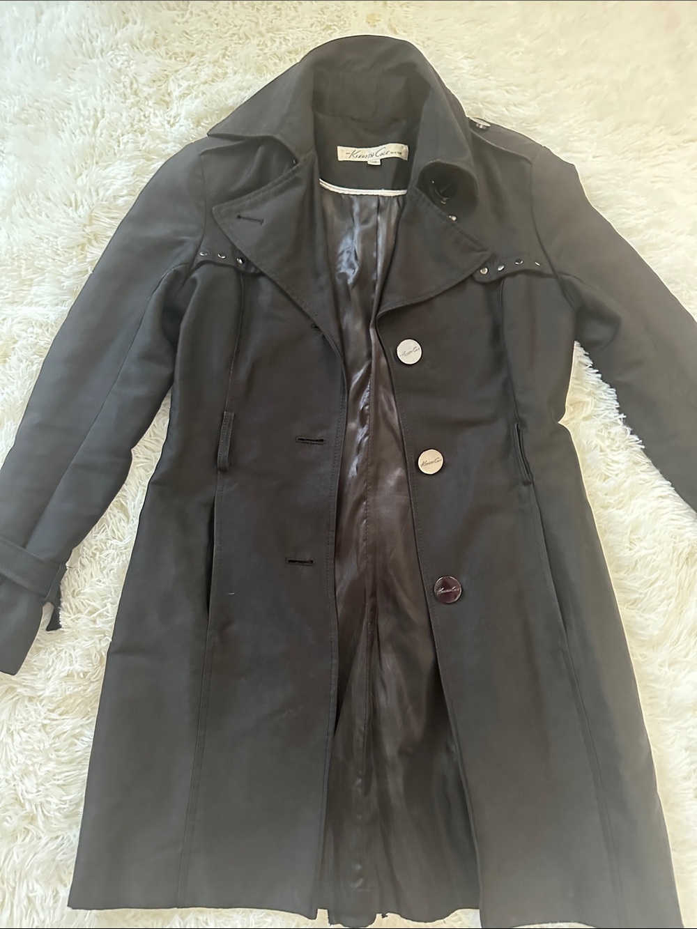 Kenneth Cole Black Long Trench with Stud Detail